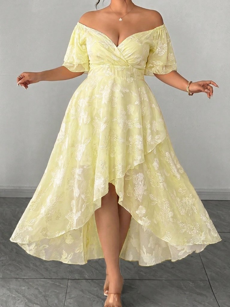 Light Yellow Elegant Women's Plus Size Off-Shoulder Floral Hi Low Maxi Dress